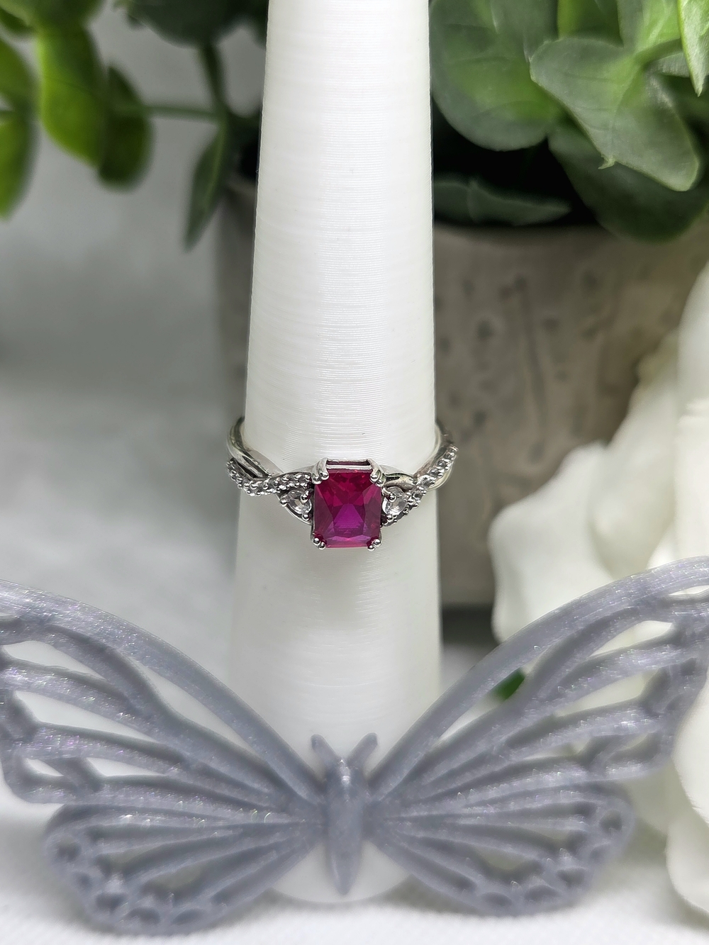 Silver-Tone Pink Ruby-Color Solitaire Ring